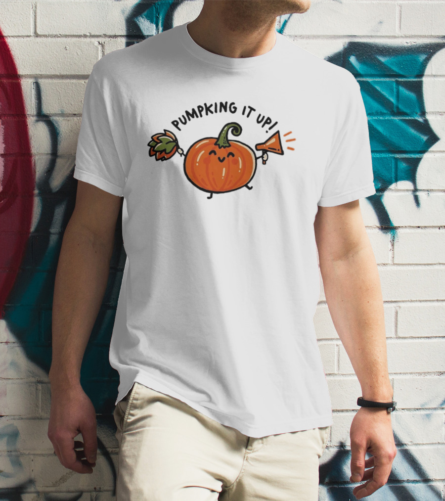 Pumpking It Up Pumpkin Cheerleader Cute Cartoon Holding Megaphone And Pom Pom T-Shirt