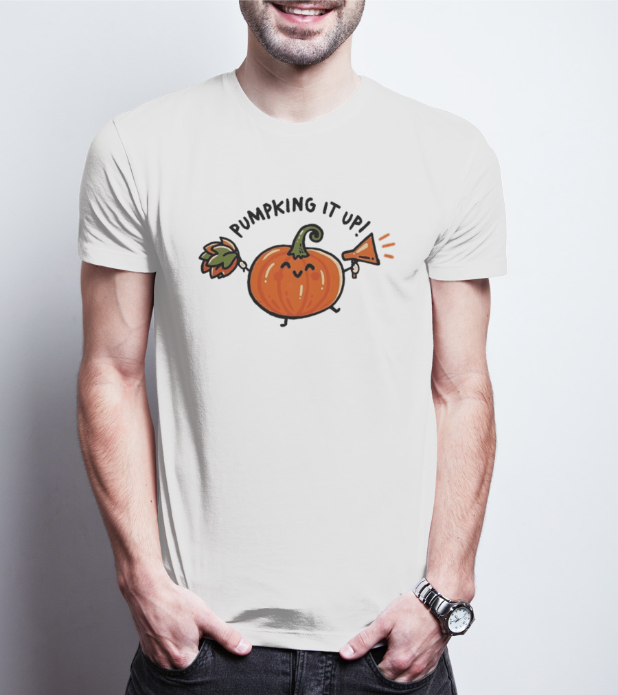 Pumpking It Up Pumpkin Cheerleader Cute Cartoon Holding Megaphone And Pom Pom T-Shirt