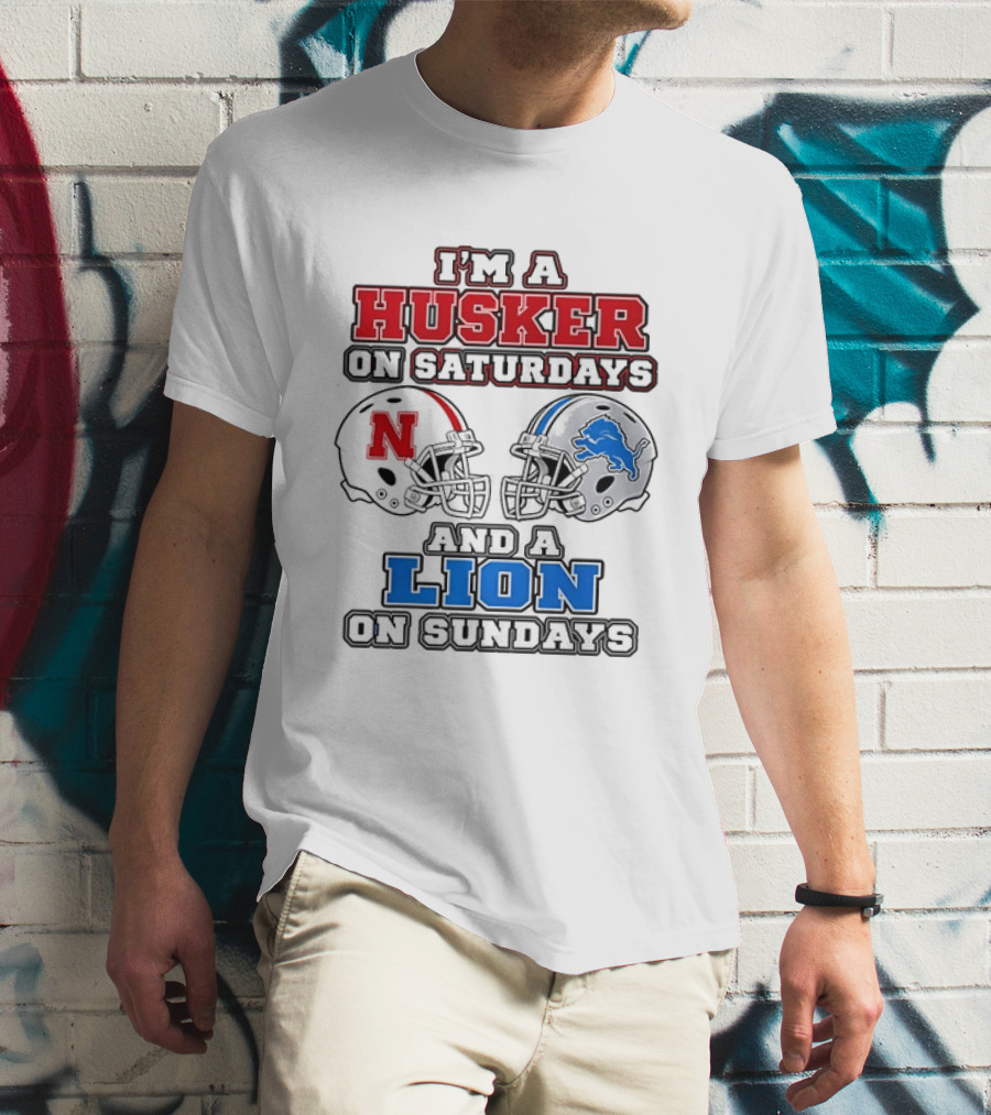 Husker On Saturdays And Lion On Sundays Football Helmets T-Shirt