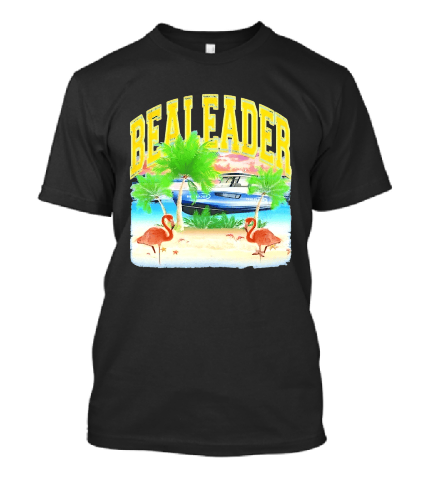 Bealeader Tropical Beach Scene With Palm Trees, Boat, And Flamingos T-Shirt