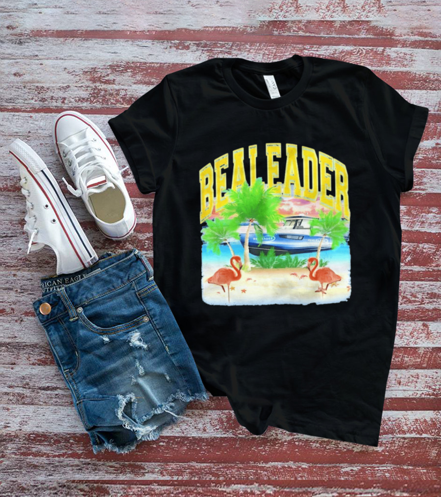 Bealeader Tropical Beach Scene With Palm Trees, Boat, And Flamingos T-Shirt