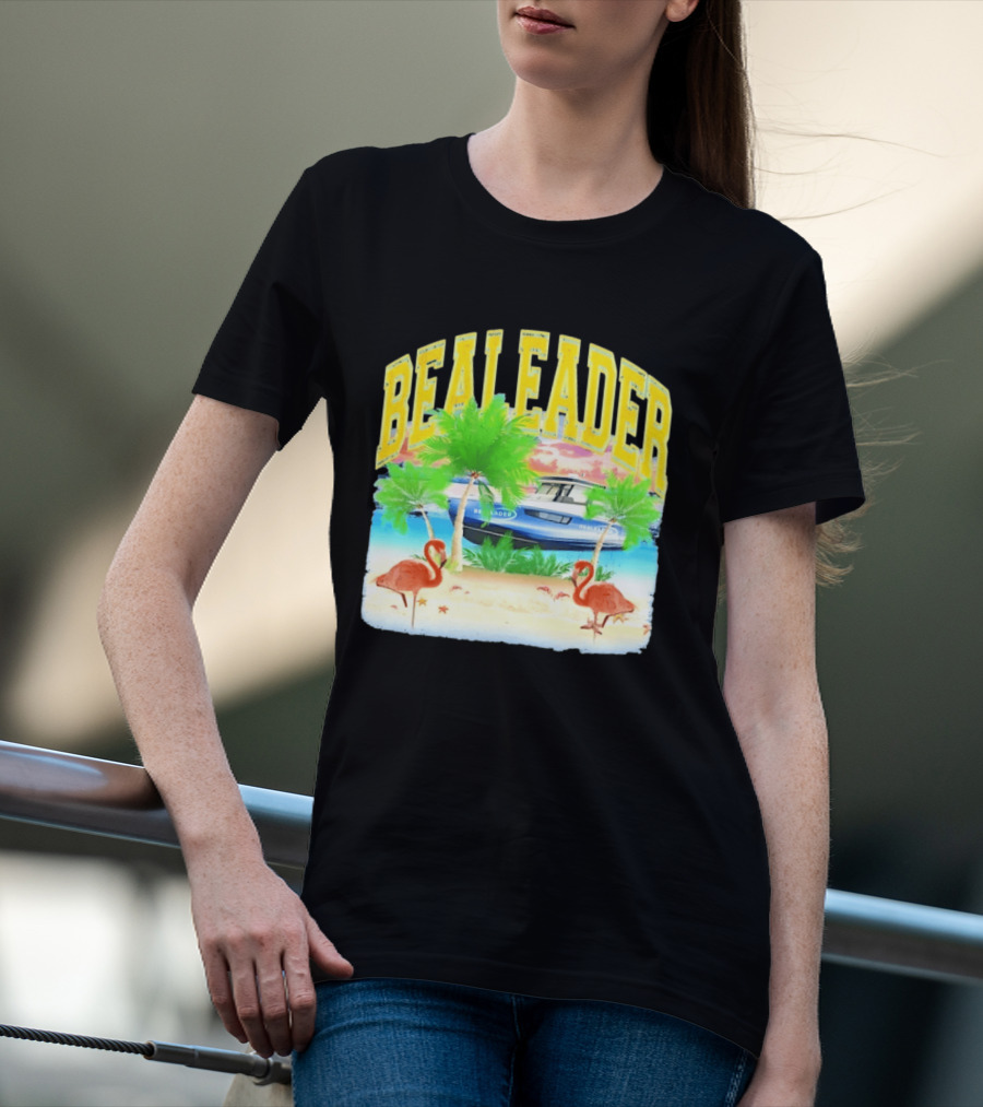 Bealeader Tropical Beach Scene With Palm Trees, Boat, And Flamingos T-Shirt