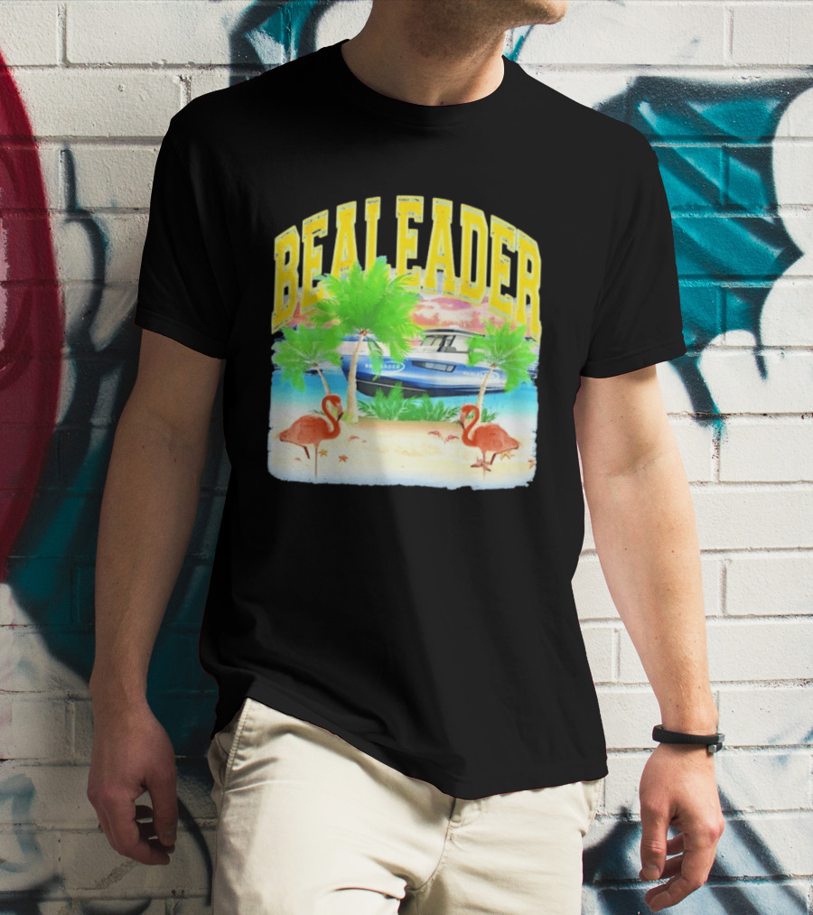 Bealeader Tropical Beach Scene With Palm Trees, Boat, And Flamingos T-Shirt