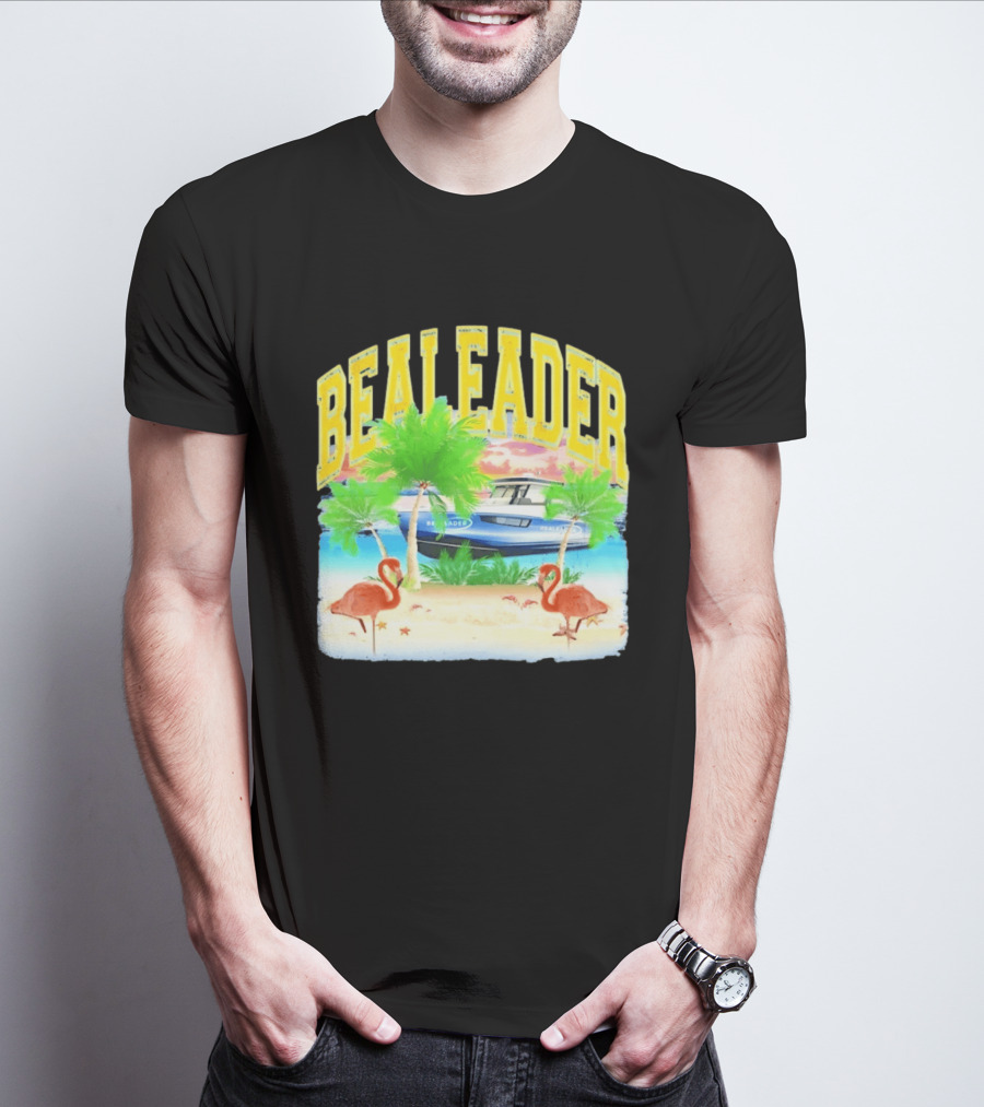 Bealeader Tropical Beach Scene With Palm Trees, Boat, And Flamingos T-Shirt