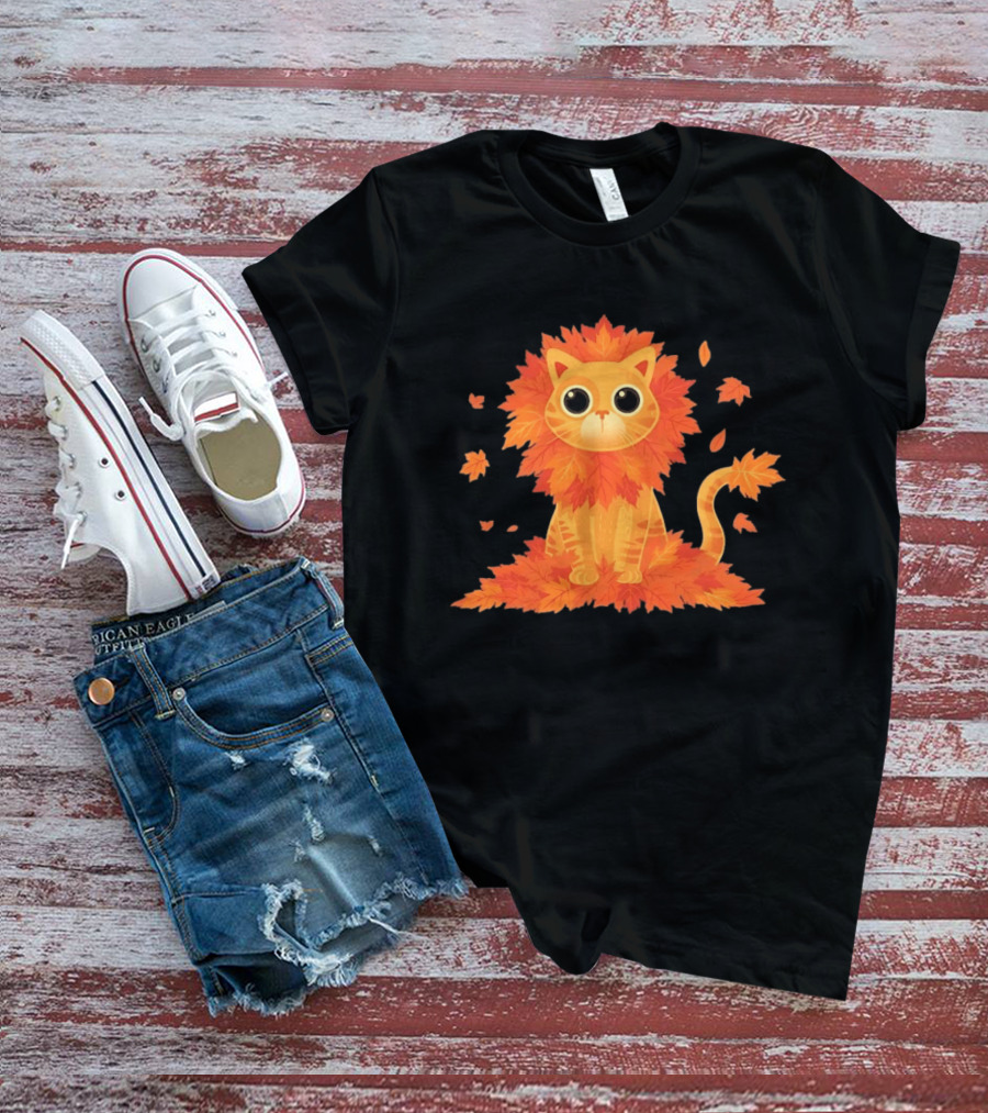 Cat With Autumn Leaves Mane Fall Lion Cozy Cute Kitty T-Shirt
