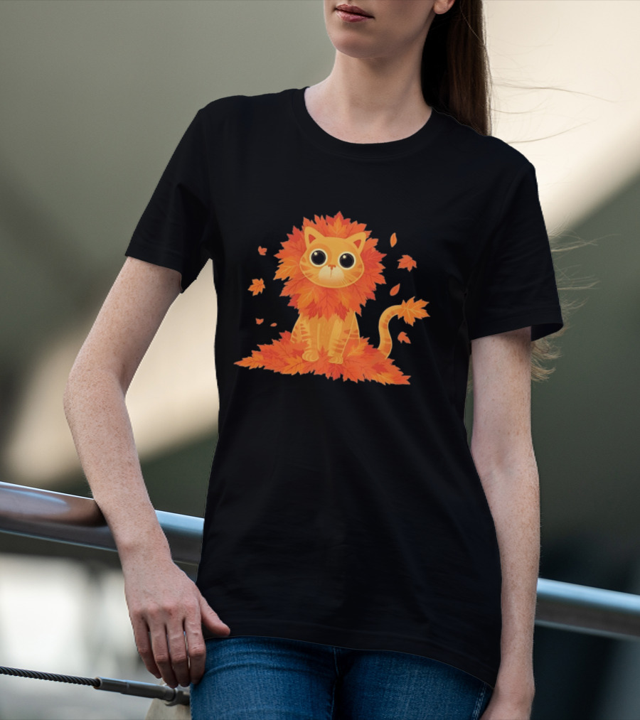 Cat With Autumn Leaves Mane Fall Lion Cozy Cute Kitty T-Shirt