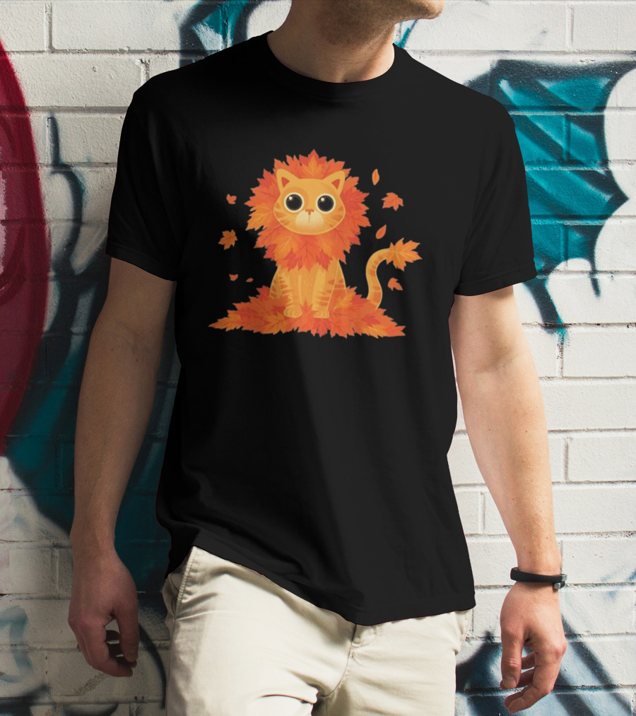 Cat With Autumn Leaves Mane Fall Lion Cozy Cute Kitty T-Shirt
