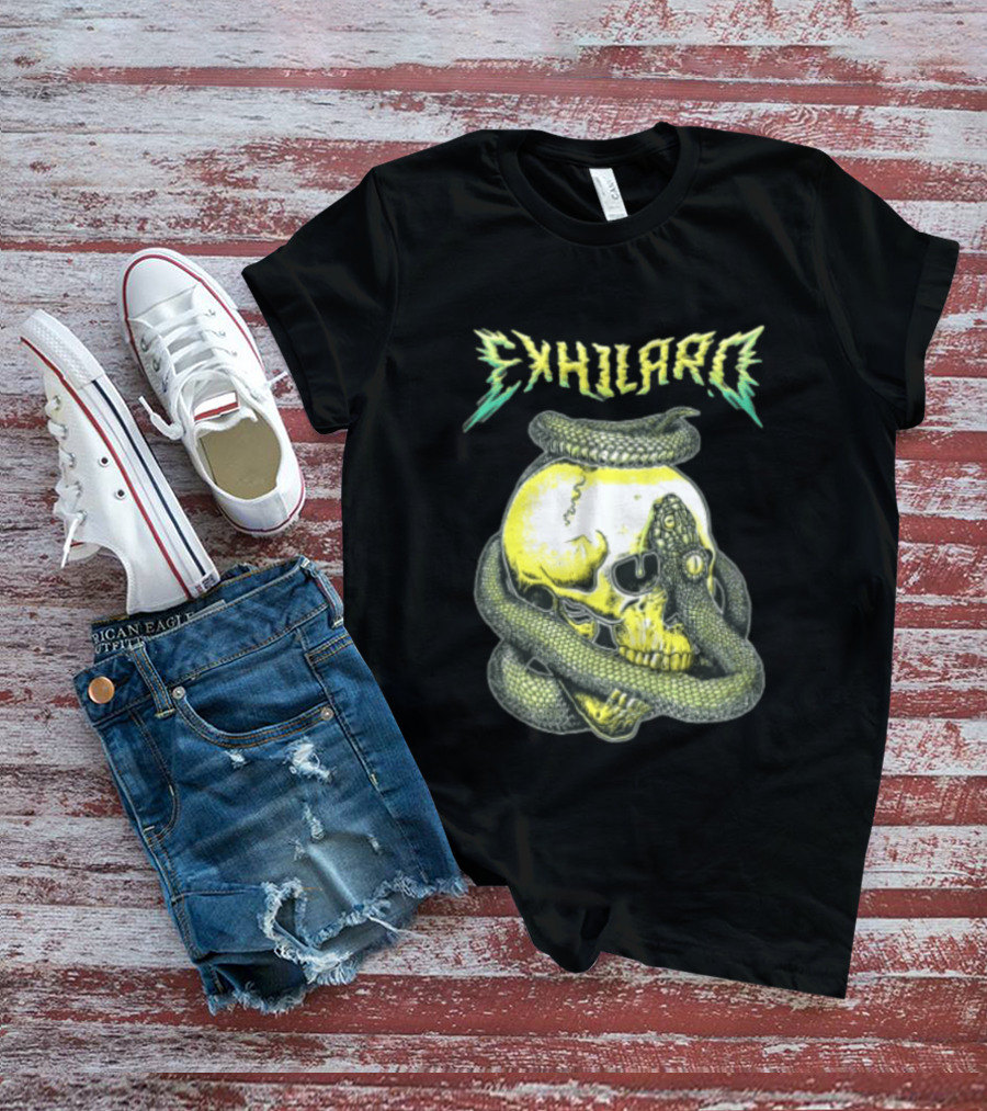 Exhilaro Venomous Serpent Coiled Around Yellow Human Skull T-Shirt