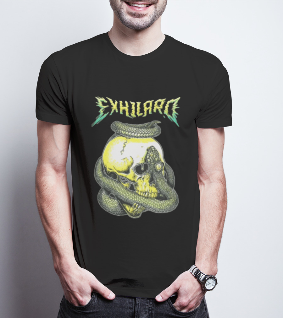 Exhilaro Venomous Serpent Coiled Around Yellow Human Skull T-Shirt