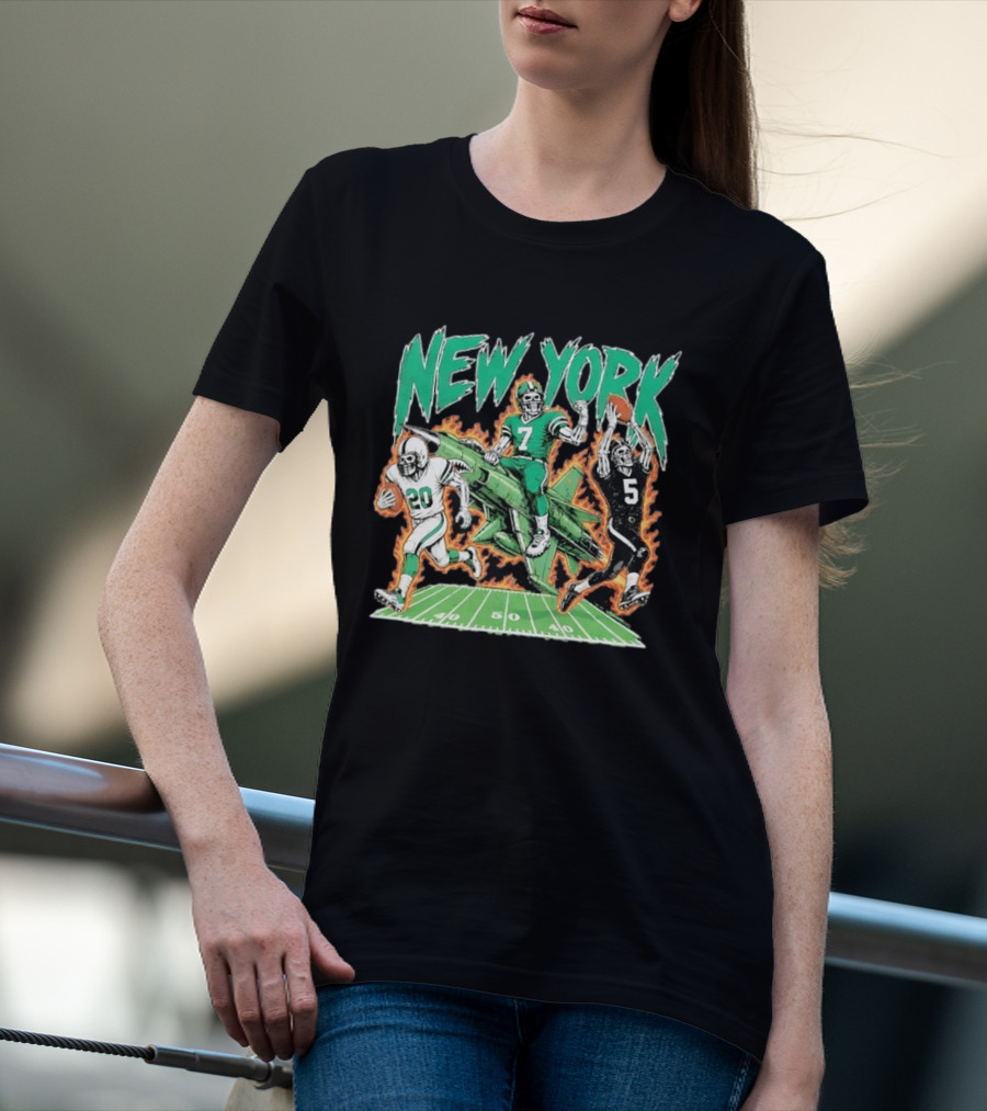 New York Jets Skeleton Football Players With Jet And Field T-Shirt