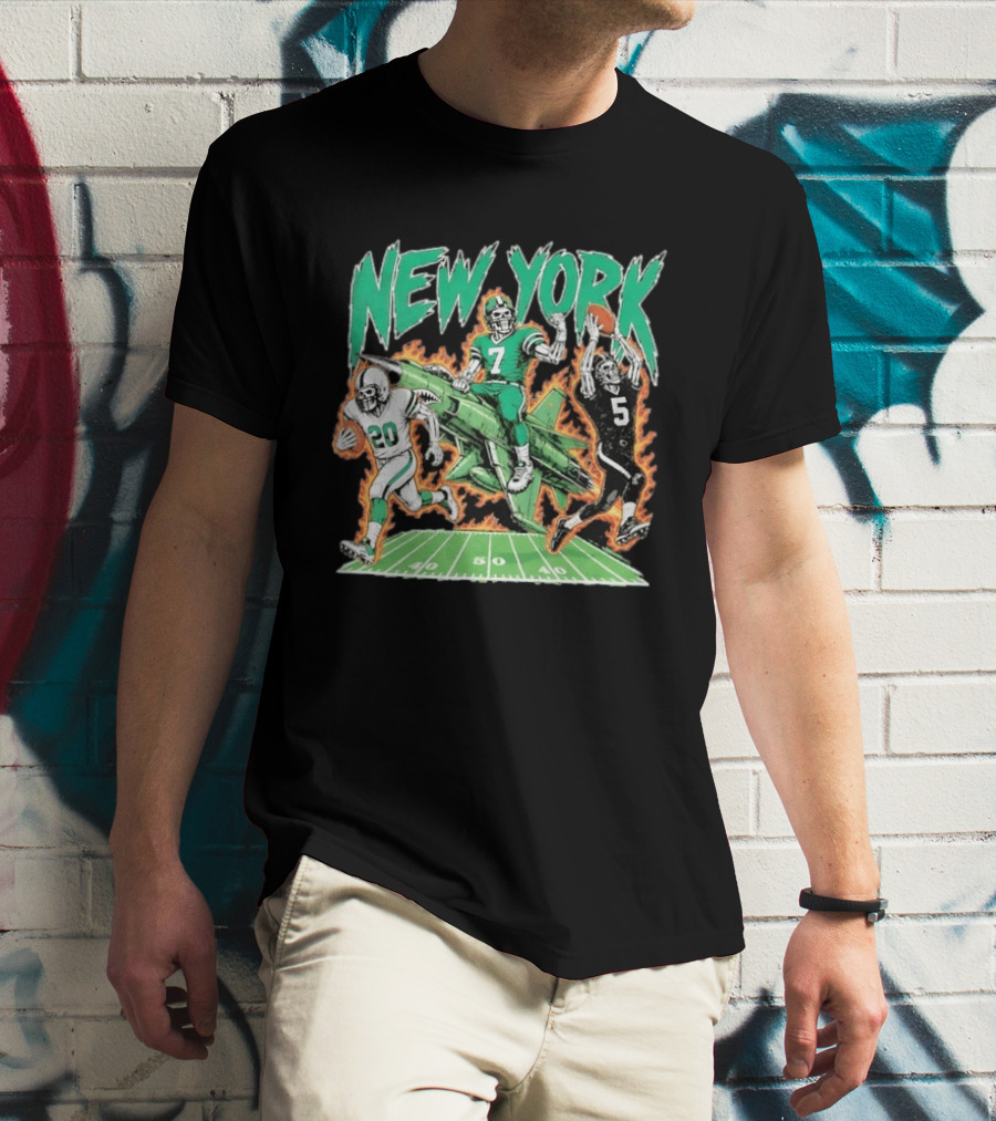 New York Jets Skeleton Football Players With Jet And Field T-Shirt