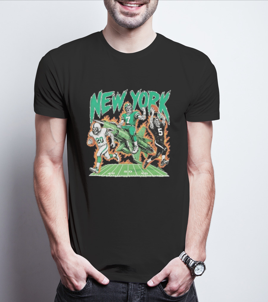 New York Jets Skeleton Football Players With Jet And Field T-Shirt