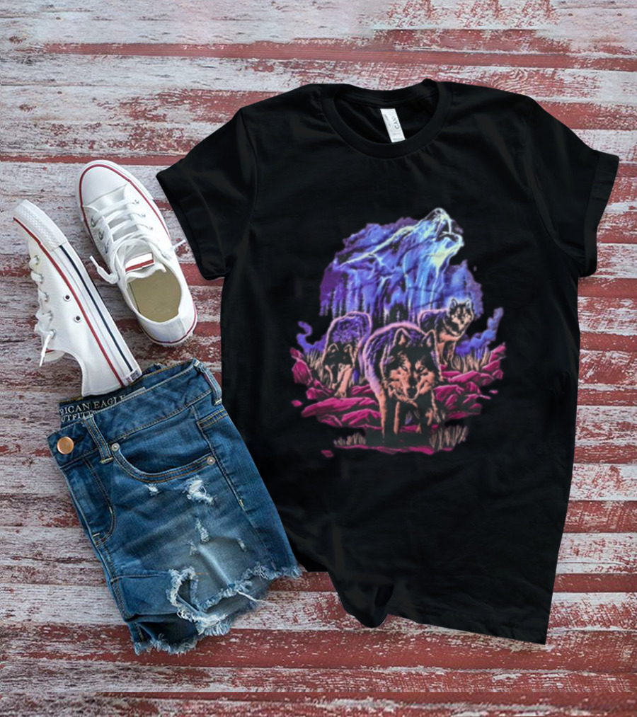 Odm San Diego 2000 Three Wolves Howling Celestial Northern Lights Woods T-Shirt