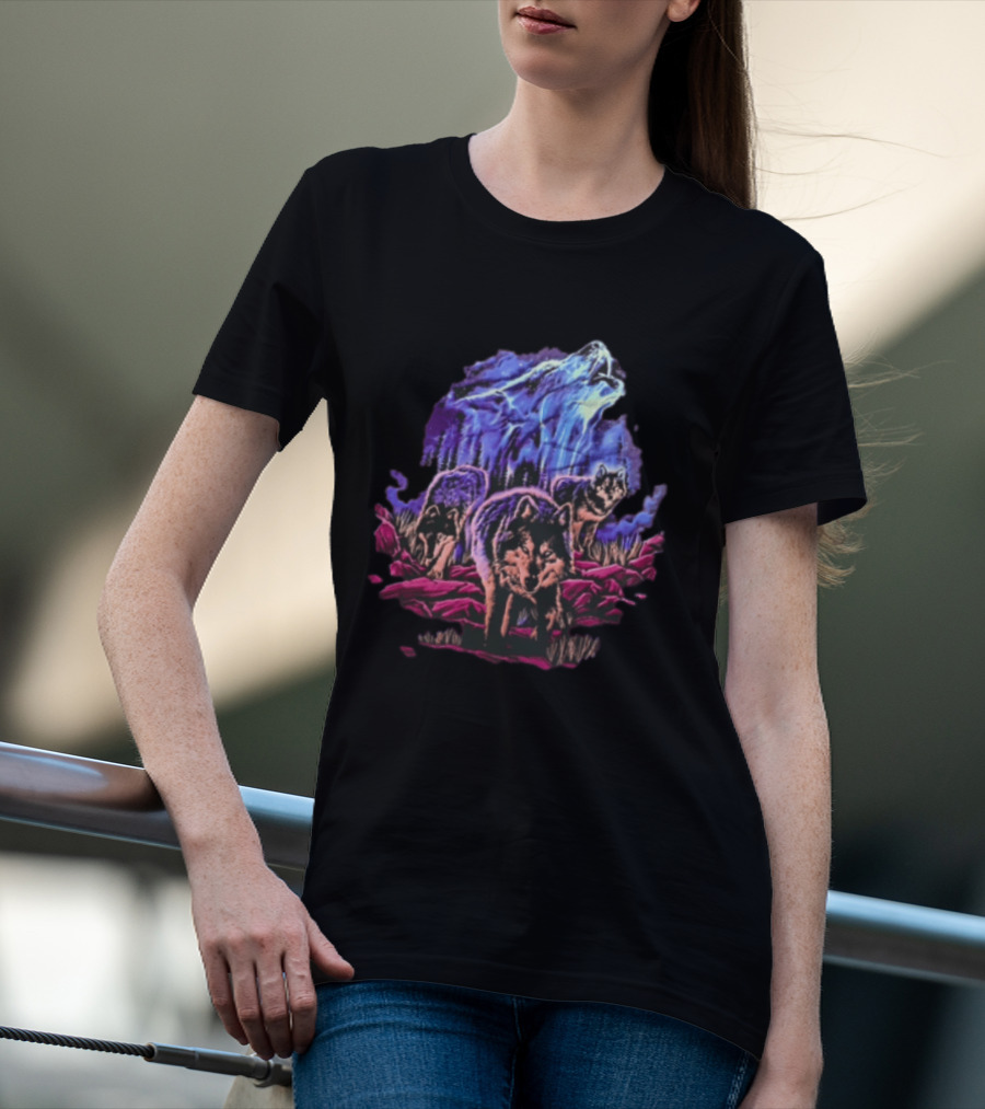 Odm San Diego 2000 Three Wolves Howling Celestial Northern Lights Woods T-Shirt