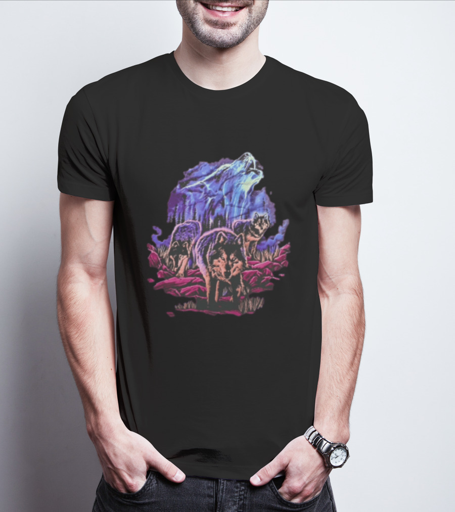 Odm San Diego 2000 Three Wolves Howling Celestial Northern Lights Woods T-Shirt