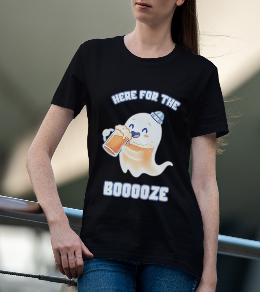 Here For The Booooze Ghost Drinking Beer Fun Halloween T-Shirt