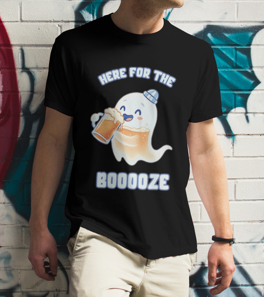 Here For The Booooze Ghost Drinking Beer Fun Halloween T-Shirt