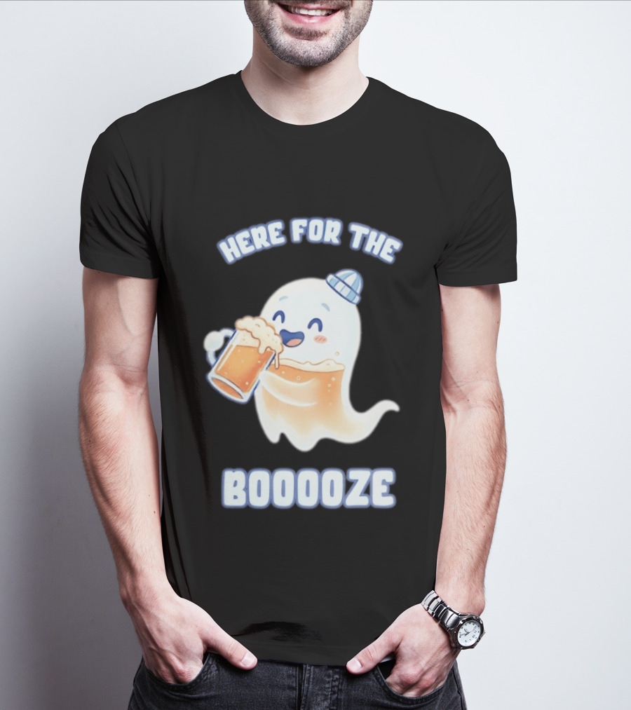 Here For The Booooze Ghost Drinking Beer Fun Halloween T-Shirt