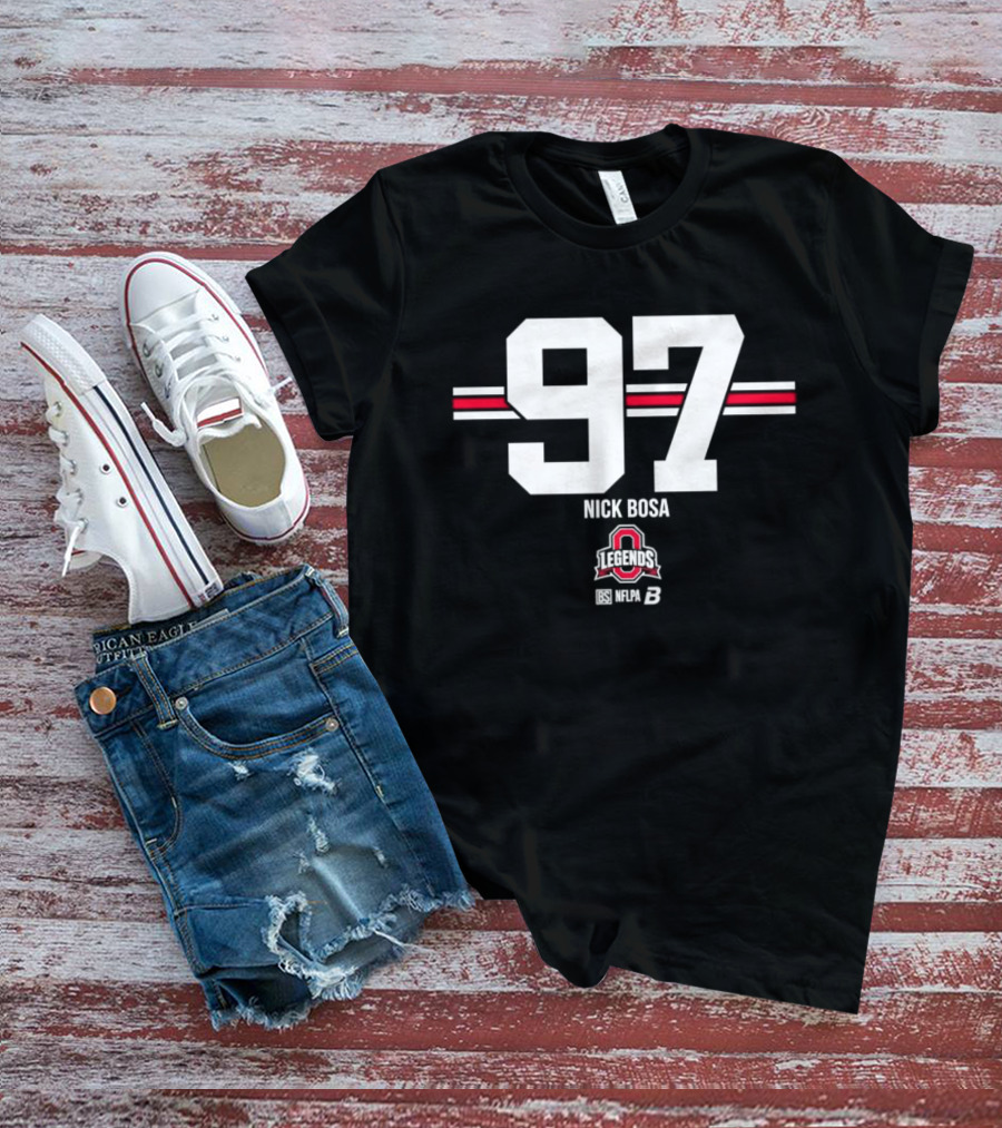 Ohio State Buckeyes Nick Bosa 97 Scarlet Gray Stripes T-Shirt