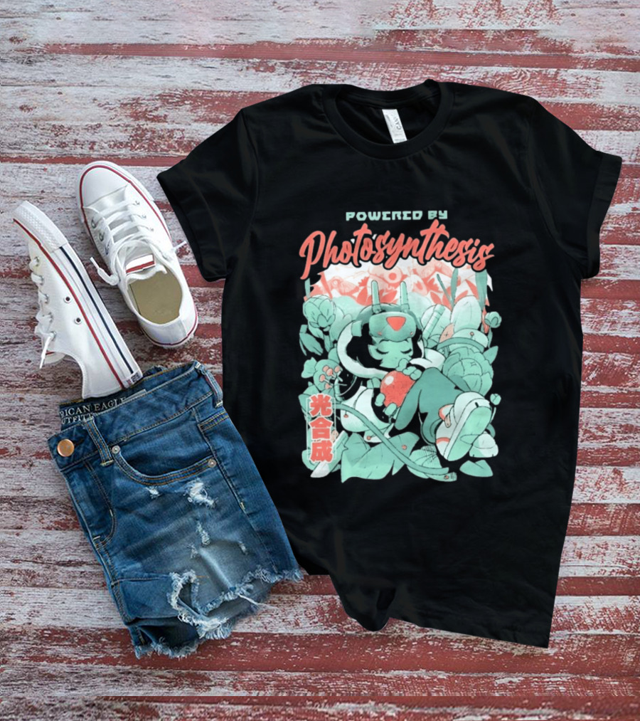 Powered By Photosynthesis Anime Kanji Characters And Cute Green Robot T-Shirt