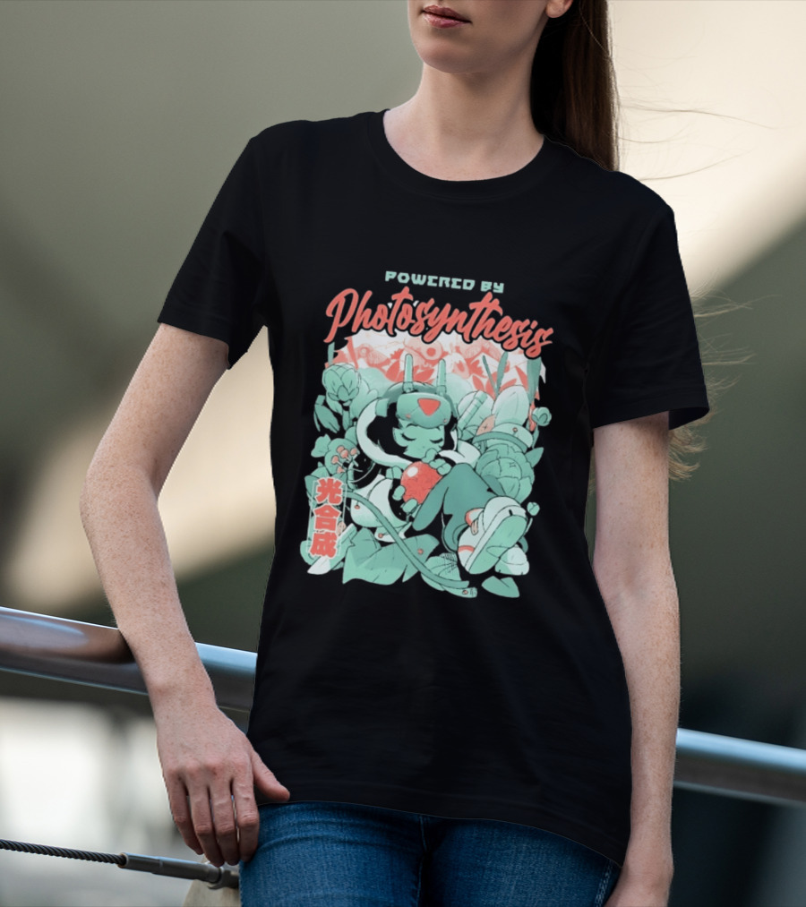 Powered By Photosynthesis Anime Kanji Characters And Cute Green Robot T-Shirt