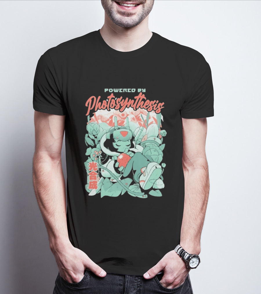 Powered By Photosynthesis Anime Kanji Characters And Cute Green Robot T-Shirt