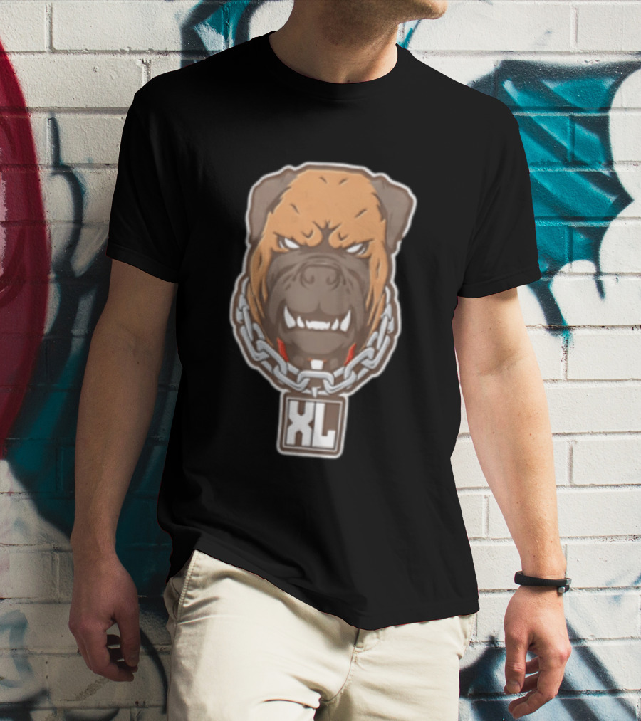 XL Angry Growling Dog Head Chain Collar Tag Cartoon Caricature T-Shirt