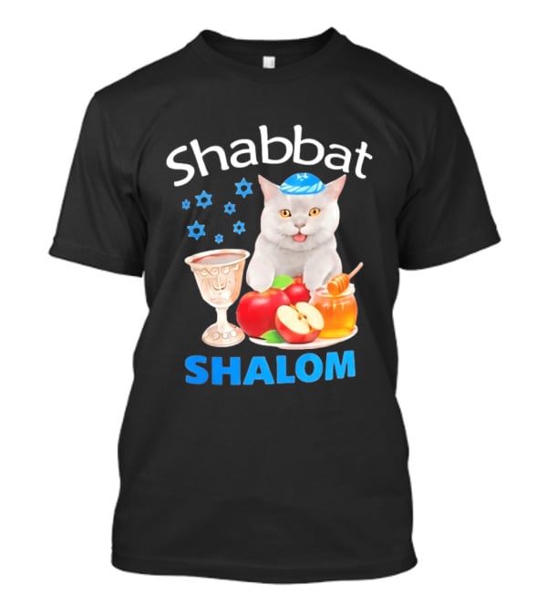 Shabbat Shalom Cat With Kippah Apples Honey And Wine Cup T-Shirt