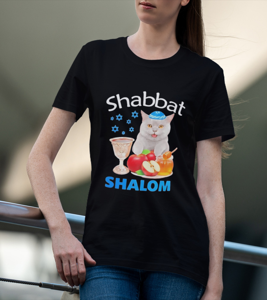 Shabbat Shalom Cat With Kippah Apples Honey And Wine Cup T-Shirt