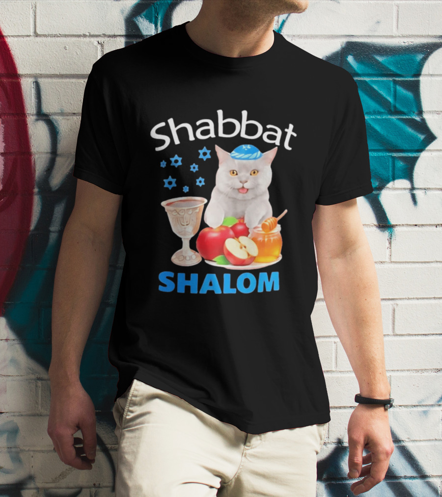 Shabbat Shalom Cat With Kippah Apples Honey And Wine Cup T-Shirt