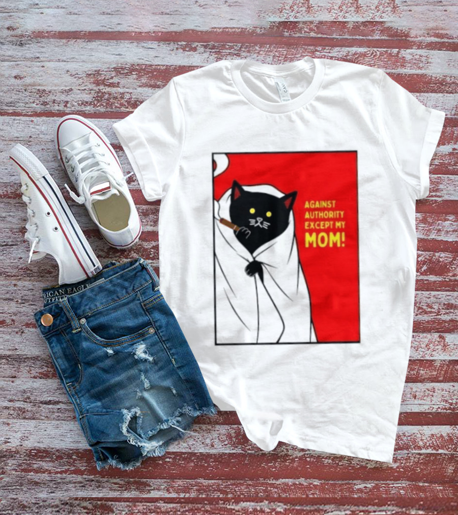 Black Cat Against Authority Except My Mom Smoking Cloaked Yellow Eyes Red T-Shirt