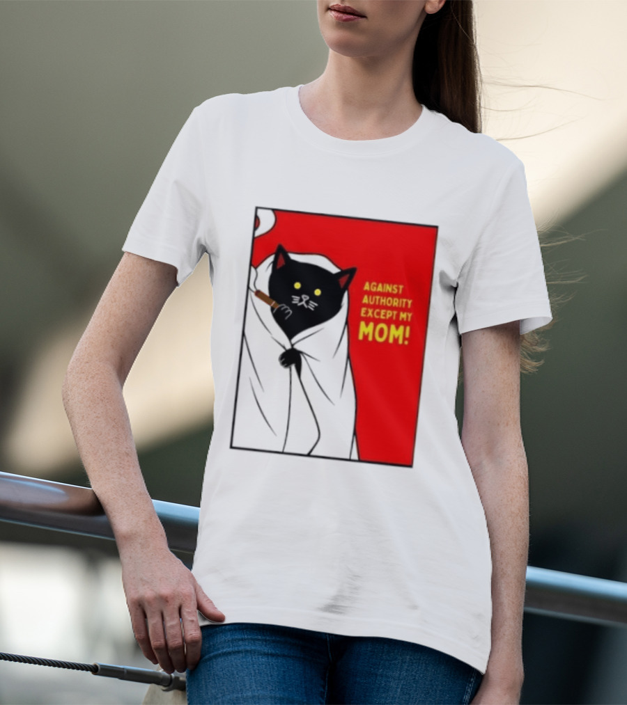 Black Cat Against Authority Except My Mom Smoking Cloaked Yellow Eyes Red T-Shirt