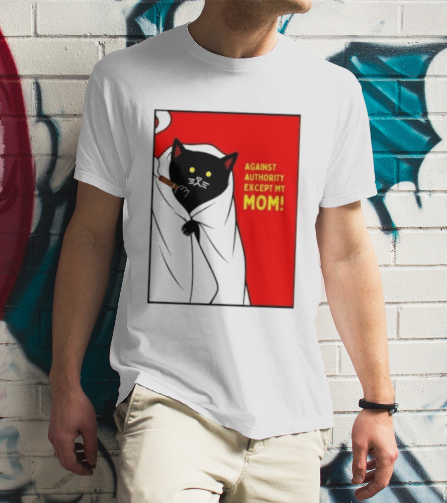Black Cat Against Authority Except My Mom Smoking Cloaked Yellow Eyes Red T-Shirt