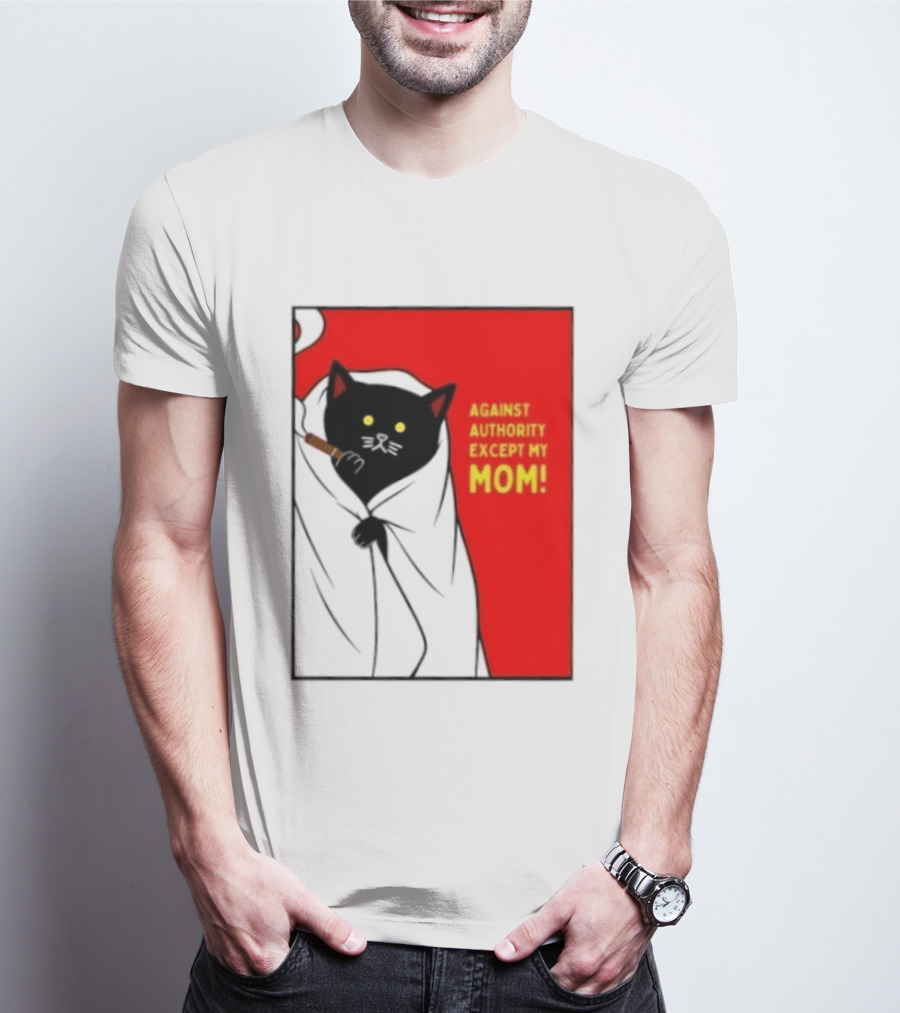 Black Cat Against Authority Except My Mom Smoking Cloaked Yellow Eyes Red T-Shirt