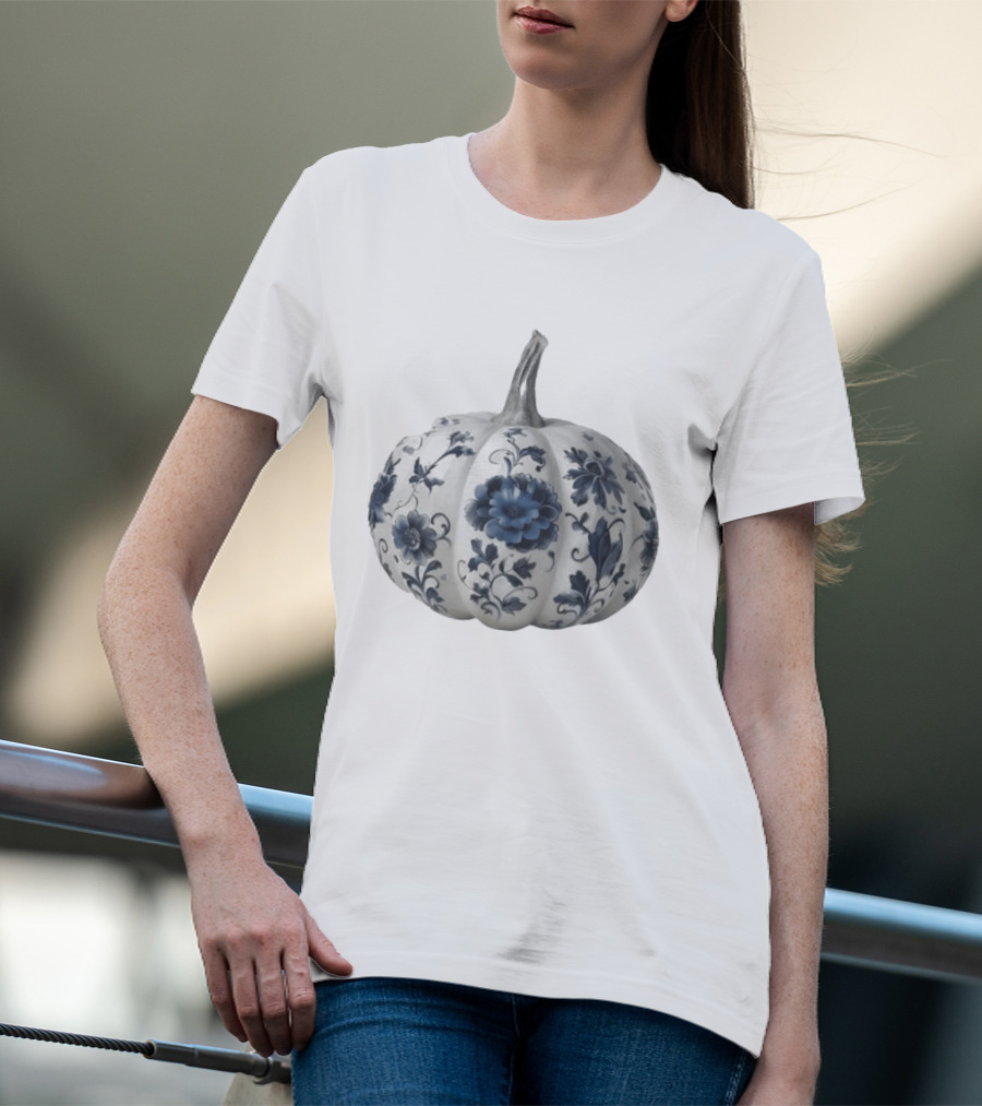Blue Floral Porcelain Pumpkin China Blue Pumpkin Decor T-Shirt