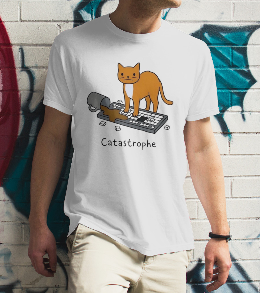 Catastrophe Orange Cat Spilling Coffee On Keyboard T-Shirt