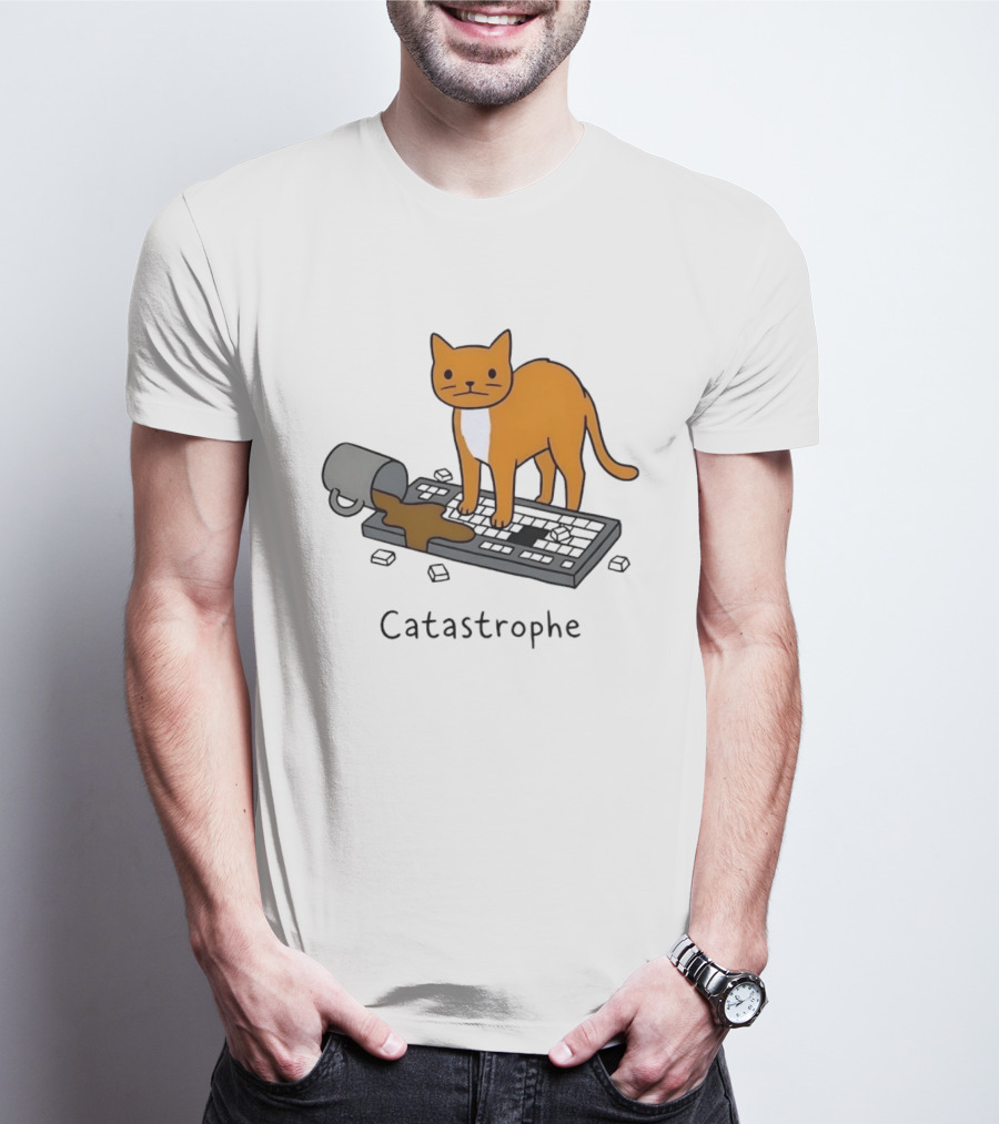 Catastrophe Orange Cat Spilling Coffee On Keyboard T-Shirt