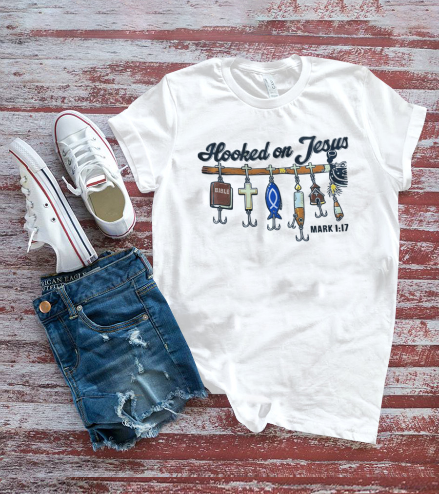 Hooked On Jesus Mark 1:17 Bible Cross Fish T-Shirt