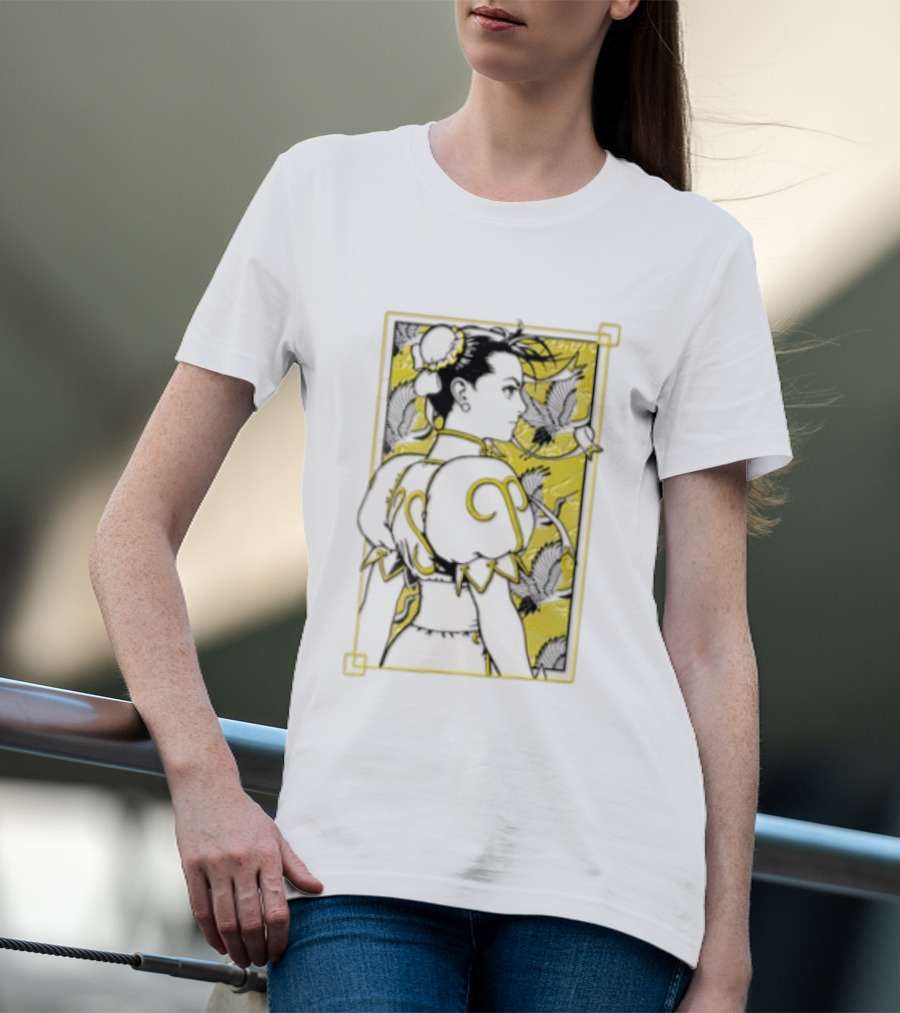 Chun Li Profile Flying Cranes Yellow Frame Line T-Shirt