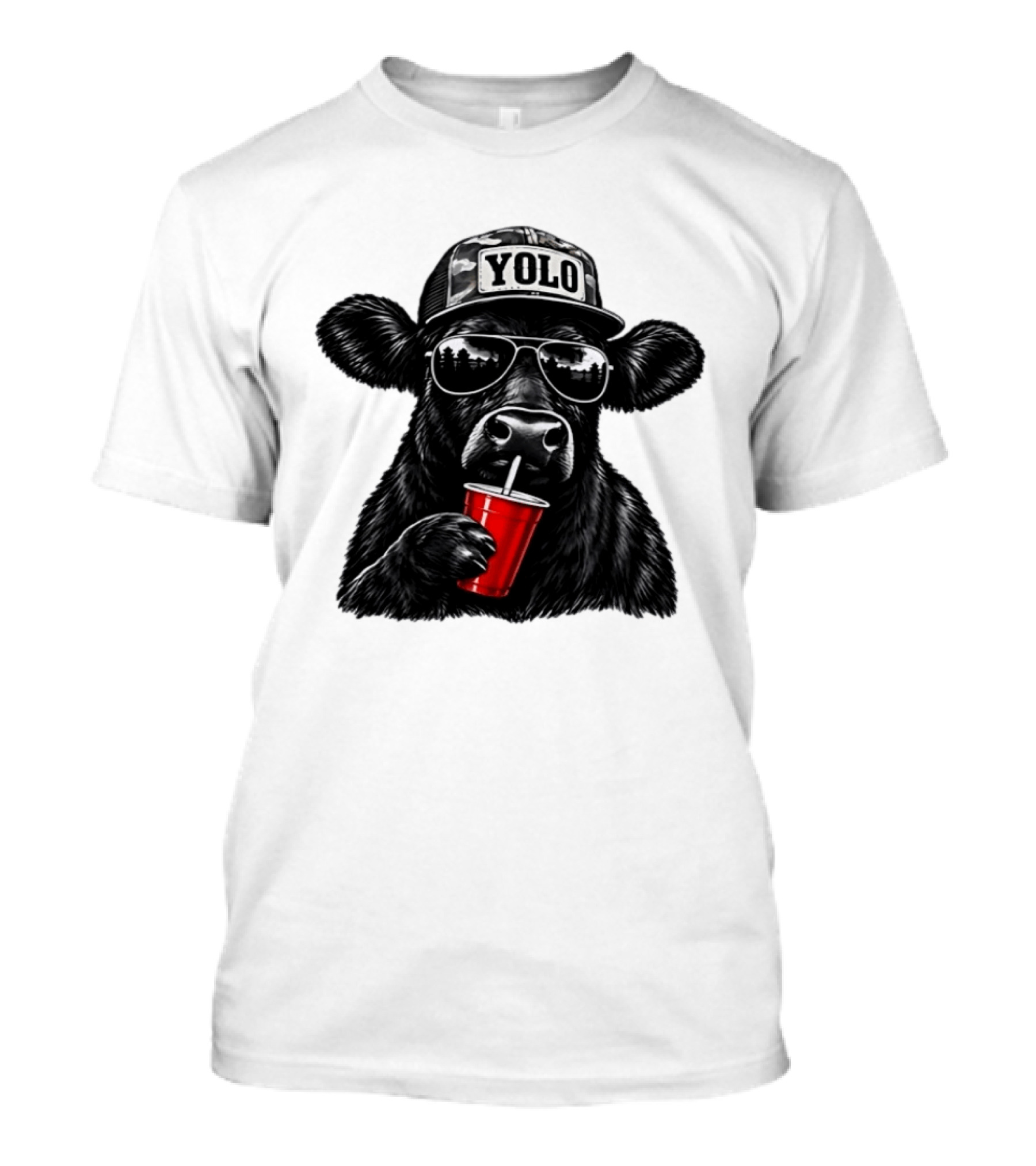 Cow With Yolo Camo Hat Sunglasses Red Cup T-Shirt