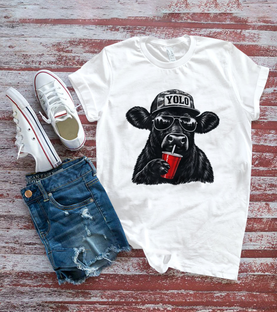 Cow With Yolo Camo Hat Sunglasses Red Cup T-Shirt