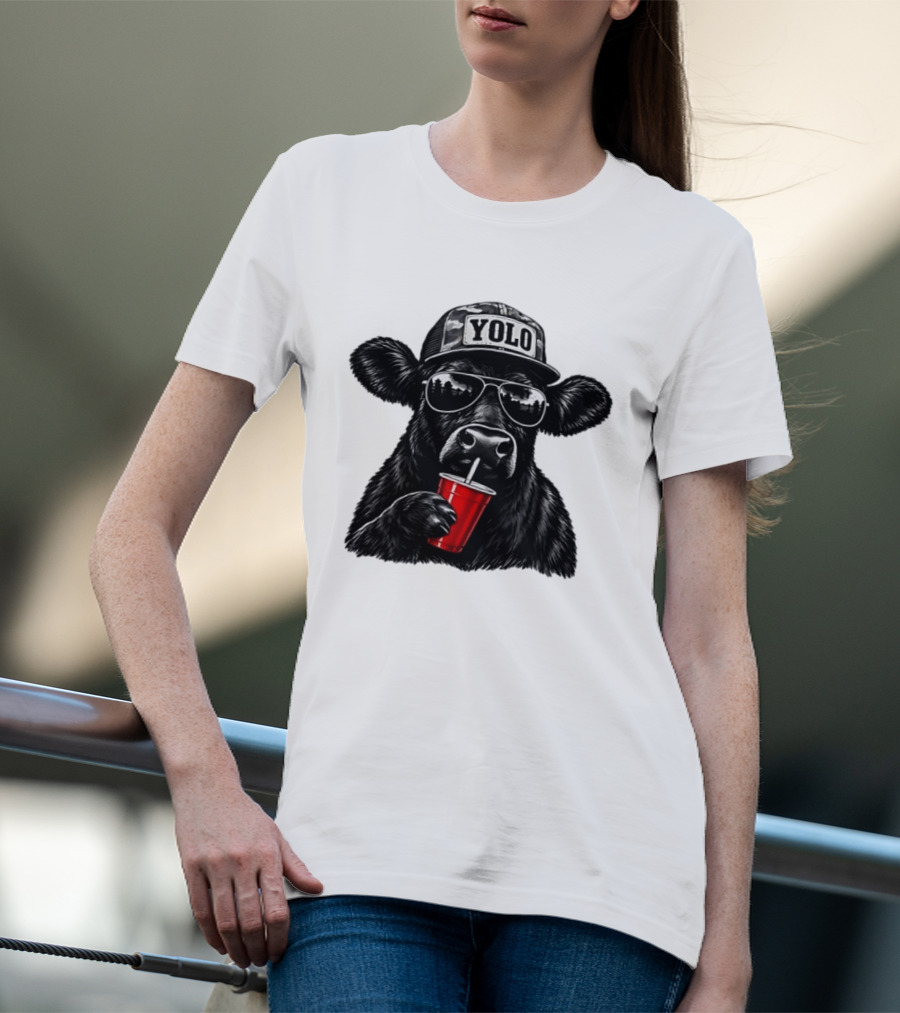 Cow With Yolo Camo Hat Sunglasses Red Cup T-Shirt