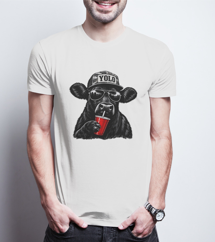 Cow With Yolo Camo Hat Sunglasses Red Cup T-Shirt