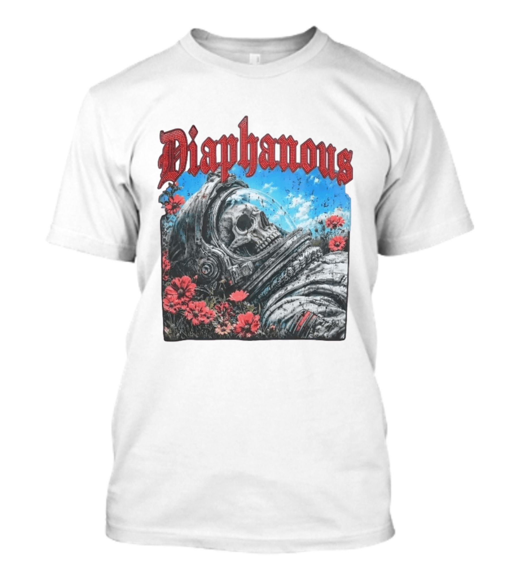 Diaphanous Distressed Skull Astronaut In Flowers With Cosmic T-Shirt