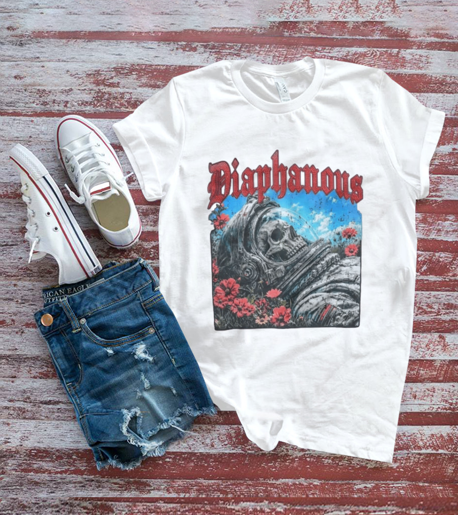 Diaphanous Distressed Skull Astronaut In Flowers With Cosmic T-Shirt