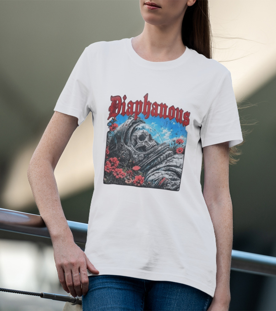 Diaphanous Distressed Skull Astronaut In Flowers With Cosmic T-Shirt