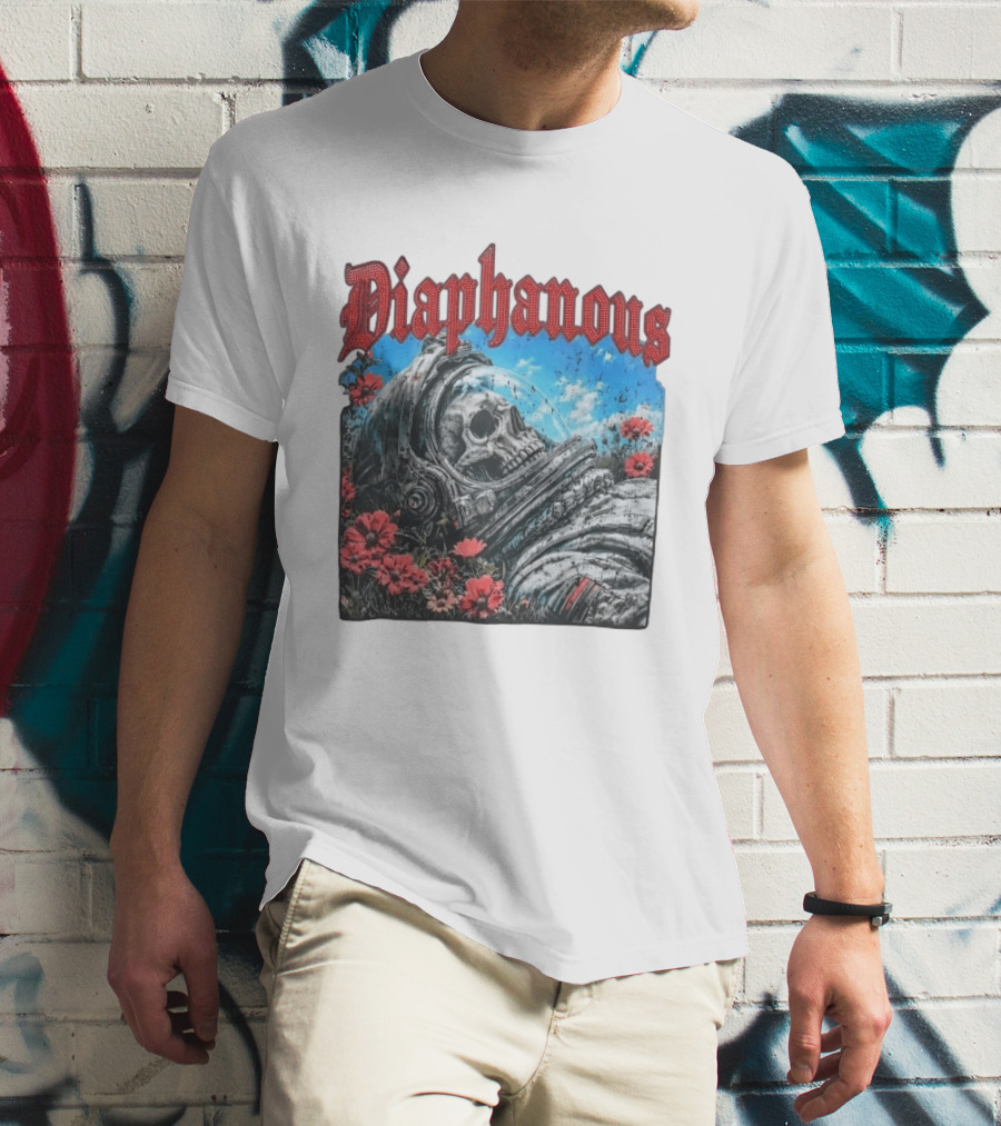 Diaphanous Distressed Skull Astronaut In Flowers With Cosmic T-Shirt