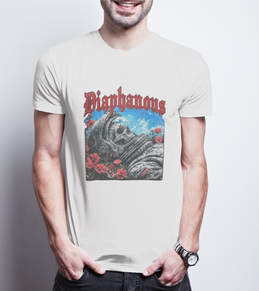 Diaphanous Distressed Skull Astronaut In Flowers With Cosmic T-Shirt