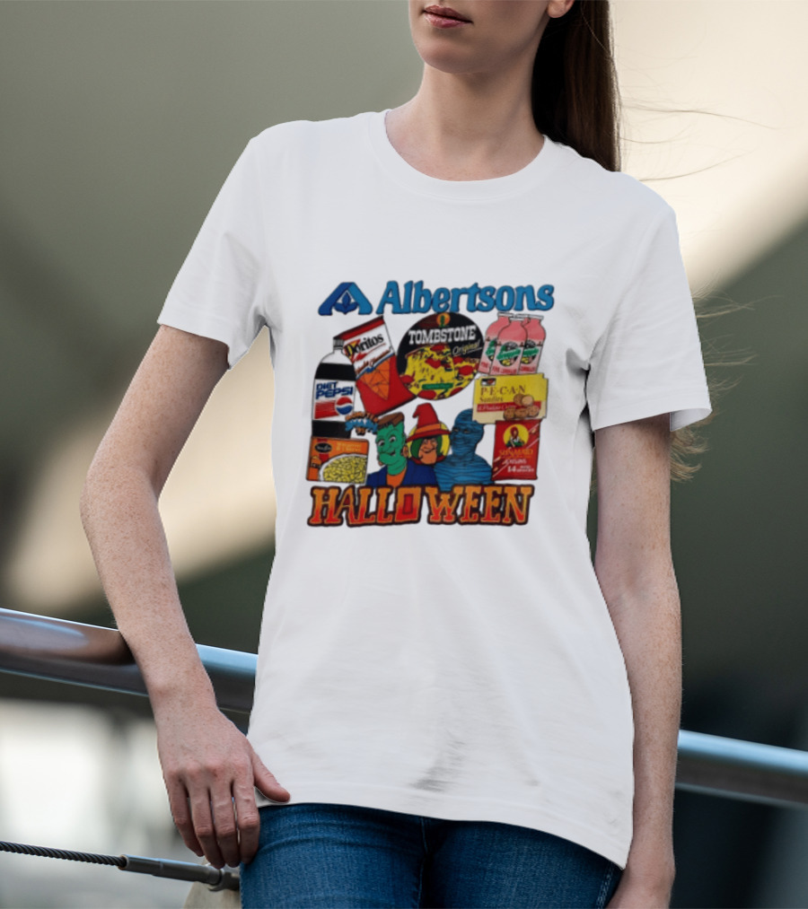 Albertsons Halloween Frankenstein Witch Mummy Featuring Diet Pepsi Doritos Tombstone Pizza T-Shirt