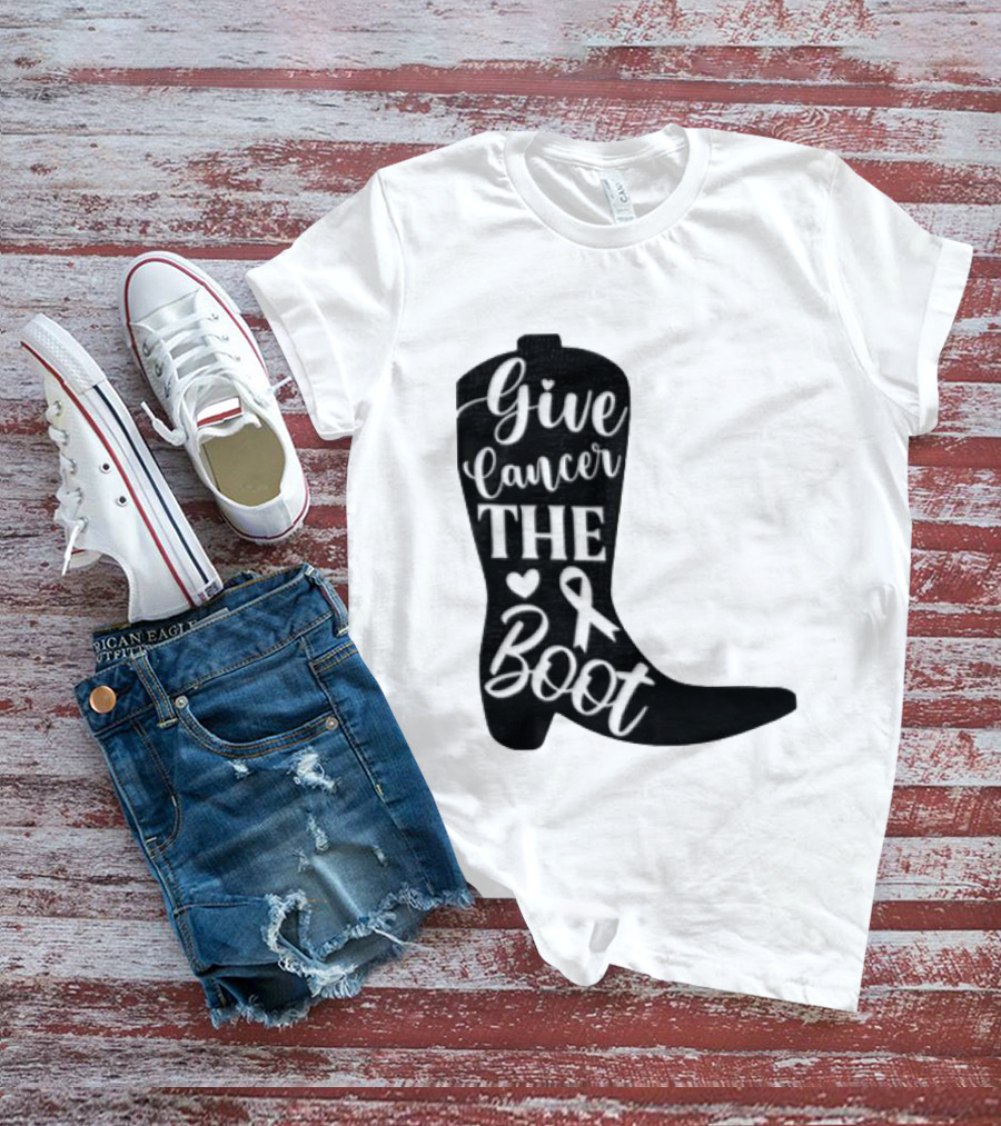 Give Cancer The Boot Awareness Ribbon Western Cowboy Boot T-Shirt
